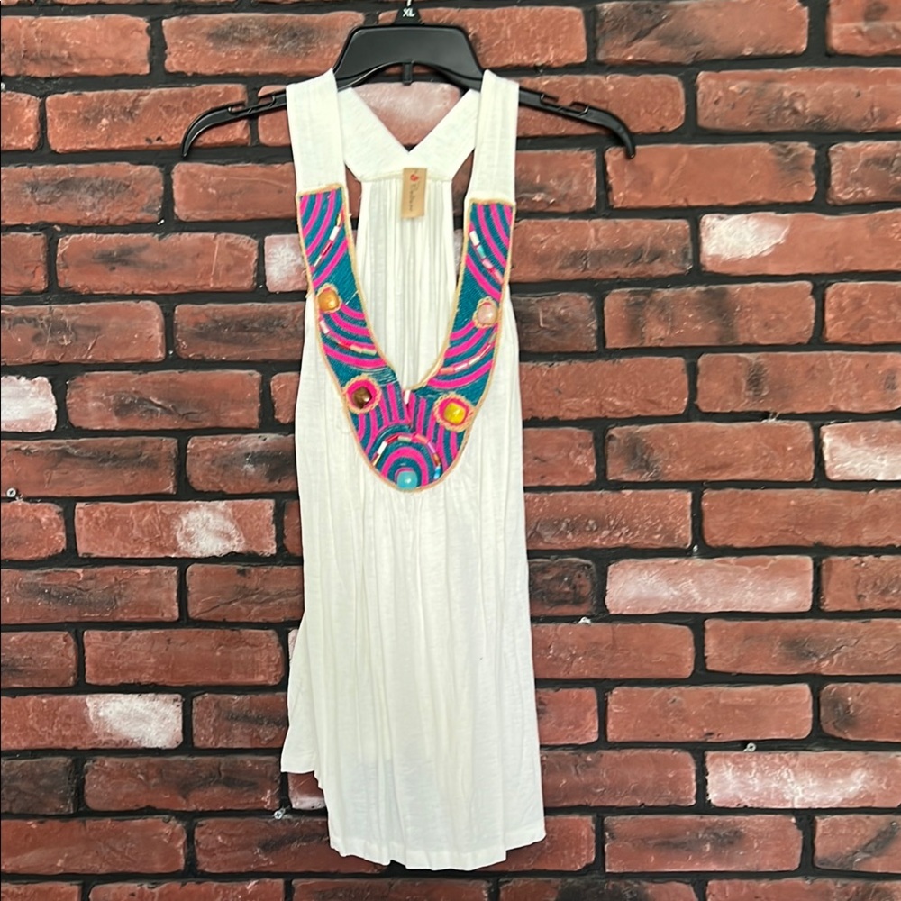 White Sleeveless Top with Colorful Embellishments